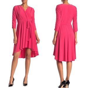 Eliza J Faux Wrap Cocktail Dress 10 Jersey Knit Belted V Neck High Low Hem Pink